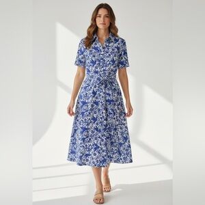 Boden Blue White Floral Shirt Dress Tie Waist Midi Size M